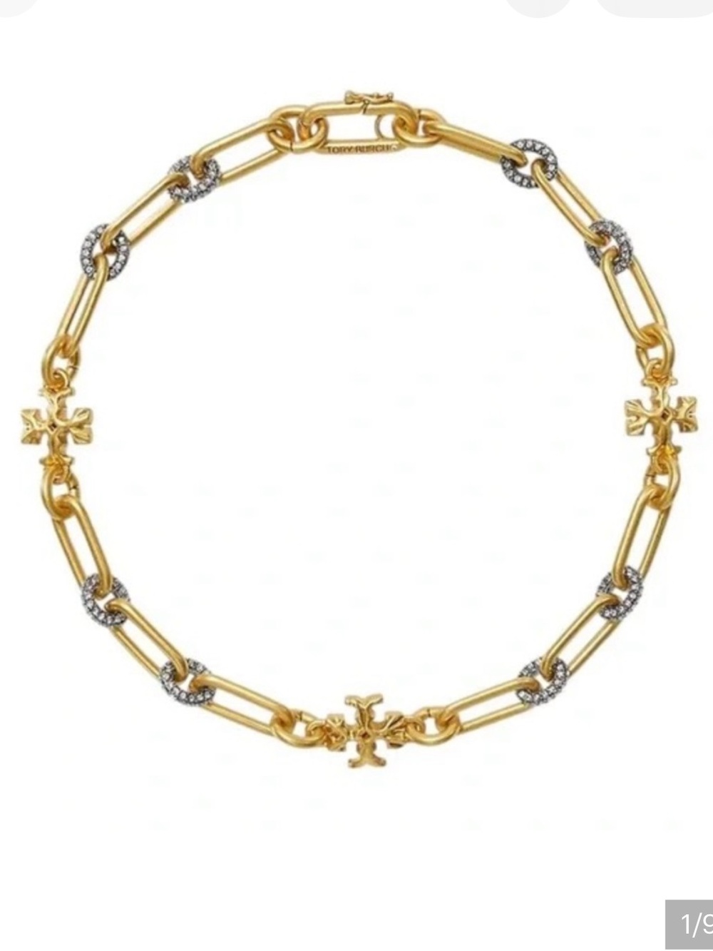 Tory Burch Roxanne Chain Crystal Logo Choker Necklace Gold- safety clasp defect - Picture 5 of 9